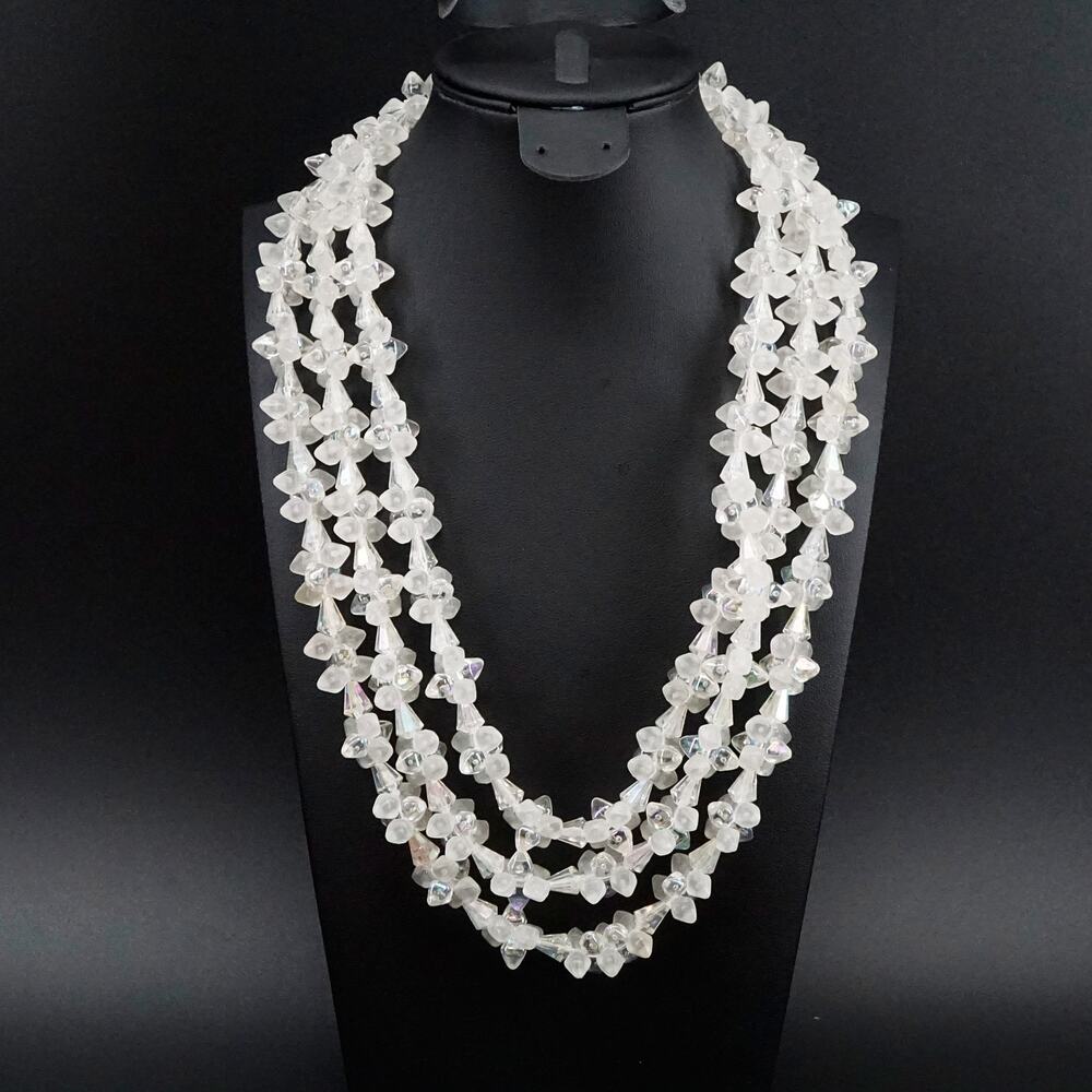 Vintage Austria 3 Multi Strand Beaded Layered Necklace Lucite Clear Faceted